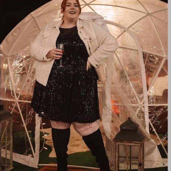 Torrid size 26 ILLUSION SLEEVE SKATER DRESS SEQUIN FRINGE BLACK - Picture 2 of 11